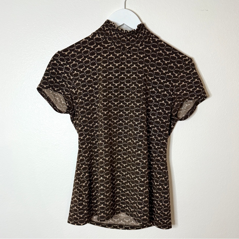 Vintage-Inspired Sheer Brown and Gold Geometric Print Mock Neck Top Size Medium